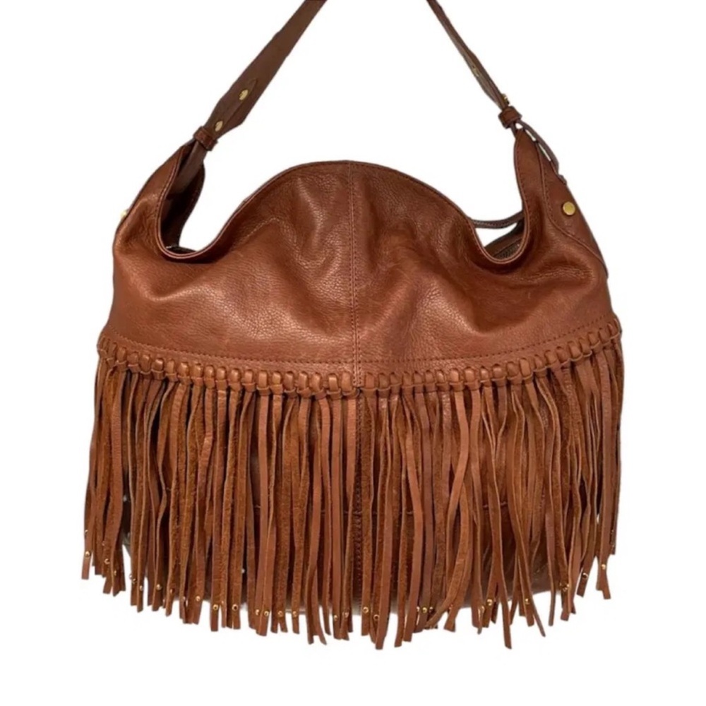 Chic Tan Leather Hobo Bag with Fringe